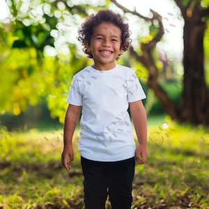 Kids T-Shirt Mockup, White Gildan 5000B Shirt, Boy Outside in Nature, Blank Childrens Shirt, Youth Toddler PNG Mock-up