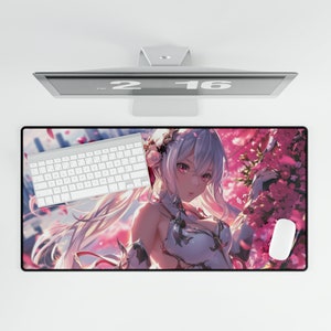 Anime Girl Large Desk Mat, Pink and White Gaming Mouse Pad, Aesthetic Japanese Kawaii Style, Cyber Girl, Gamer Gift Office Decor