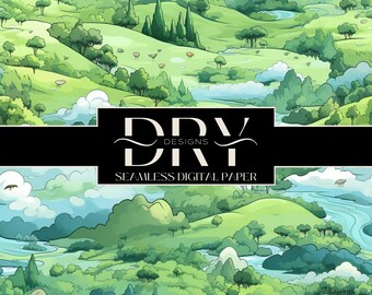 Op de afbeelding: Naadloze digitale papierpatroon met een groen en blauw landschap met glooiende heuvels, bomen en een kronkelende rivier. Het patroon is perfect voor knutselprojecten, scrapbooking en digitaal ontwerp.