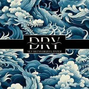 Może przedstawiać: Wzór papieru cyfrowego bez szwów z niebieskim i białym smokiem w wirującym wzorze fal. Wzór idealnie nadaje się do tworzenia unikalnych projektów, takich jak scrapbooking, tworzenie kartek i sztuka cyfrowa.