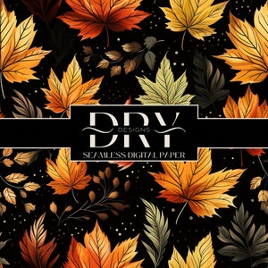 Fall Maple Leaves, SEAMLESS Craft Digital Paper, Instant Download, Sublimation, Floral Colors, Trees, Black Orange Pattern COMMERCIAL USE