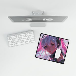 Anime Girl Large Desk Mat, Pink and White Gaming Mouse Pad, Aesthetic Japanese Kawaii Style, Cyber Girl, Gamer Gift Office Decor