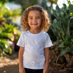 Kids T-Shirt Mockup, White Gildan 5000B Shirt, Boy Outside in Nature, Blank Childrens Shirt, Youth Toddler PNG Mock-up