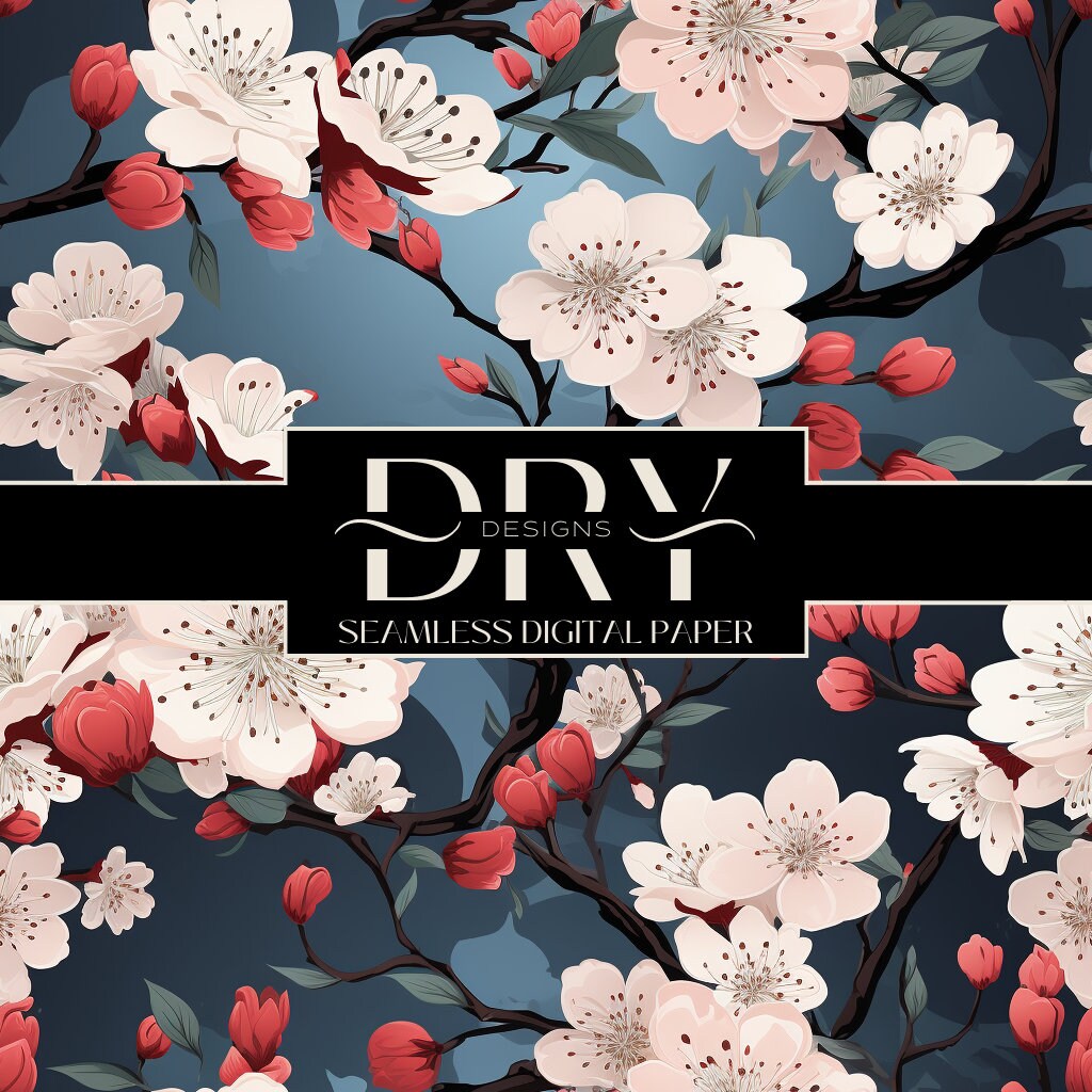 Blue Sakura Cherry Blossom Flowers, SEAMLESS Craft Digital Paper, Instant Download, Sublimation, Japanese Floral Fall Spring, COMMERCIAL USE