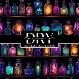 May include: A seamless digital paper pattern featuring rows of glowing glass bottles filled with colorful plants and flowers. The bottles are arranged on a dark background and have a vintage, magical feel.
