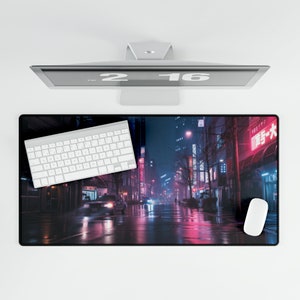 Cyber Tokyo Large Desk Mat, Neon City Gaming Mouse Pad, Aesthetic Japanese Kawaii Style, Japan Street, Gamer Gift Office Decor