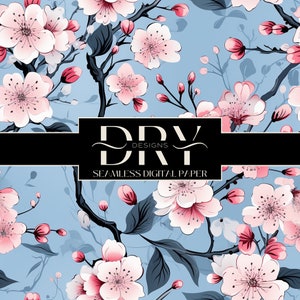 Flores de cerezo Sakura azul, papel digital artesanal SEAMLESS, descarga instantánea, sublimación, primavera de otoño floral japonés, USO COMERCIAL