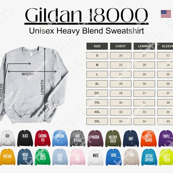Gildan 18000 Size Chart with Color, Guide for Unisex Crewneck Sweater for Men and Women, Chest Length Sleeves for Him or Her, Made in USA