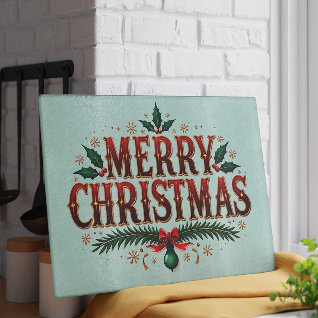 Merry Christmas Glass Cutting Board, Xmas Decor, Floral, Winter ...