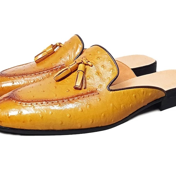 PRA OSTRICH PATTERN MULES CREAMY WHITE CALFSKIN