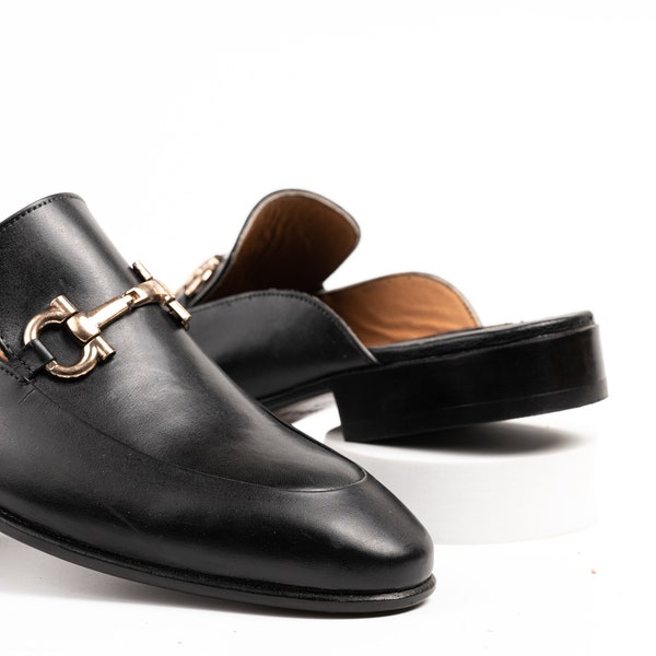 Mocassins dos nu tablier orteil mors aniline noir à enfiler mules avec boucle au choix noir argent chromé haut de gamme fait main, cadeau pour homme