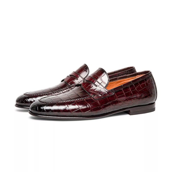 Apron Toe Crocodile pattern Burgundy Leather finish Penny Loafer Custom Made-To-Order Premium Quality Men's Dress Party Loafer