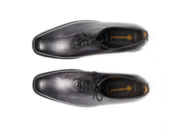 Zapatos Oxford de encaje cerrados de corte entero gris para hombres, zapatos de lujo de cuero con corteza real soldados a mano, zapatos formales personalizados, zapatos de traje, zapatos de pátina