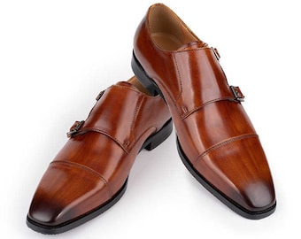 Cap toe double monk strap Cognac Lined Patina Custom Made-To-Order Shoes  Premium Quality Custom Handmade Shoe