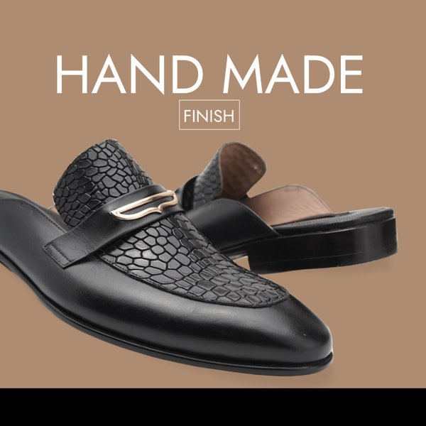 Black Medallion Slip On backless mule in Black alligator/aniline leather Mule Custom Made-To-Order Shoes  Premium Quality Handmade