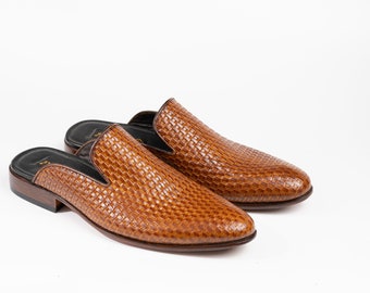 Woven Pattern Cognac Whole Cut loafer Backless Slip On Mule Made-To-Order Premium Quality Handmade with Genuine leather Outsole