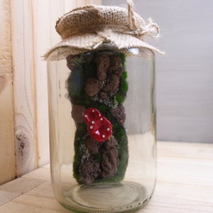 May include: A glass jar with a burlap lid containing a miniature forest scene. The scene includes moss, small rocks, and a red mushroom.