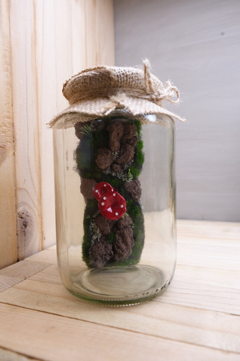 May include: A glass jar with a burlap lid containing a miniature forest scene. The scene includes moss, small rocks, and a red mushroom.