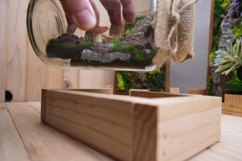 May include: A glass jar terrarium with a miniature forest scene, including moss, rocks, and a small red and white mushroom. The jar is being placed on a wooden base.
