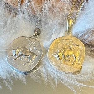 Srebrny naszyjnik ze znakiem Byka, pozłacany naszyjnik ze znakiem Byka, wisior ze znakiem zodiaku, złoty naszyjnik ze znakiem zodiaku, prezent urodzinowy, naszyjnik z monetą Byk