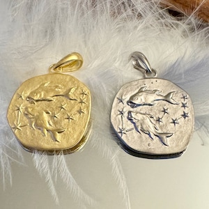 Sterling Silver Pisces Necklace, Gold-Plated Pisces Jewelry, Zodiac Sign Charm, Gold Zodiac Pendant, Special Gift Idea, Coin Pisces Necklace