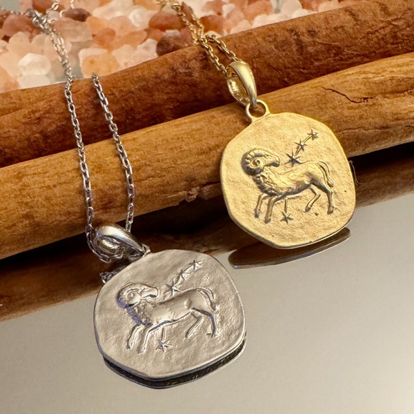 Sterling Silver Aries Necklace, Gold Aries Pendant, Zodiac Sign Charm, Gold Zodiac Necklace, Zodiac Gift Idea, Coin Aries Charm