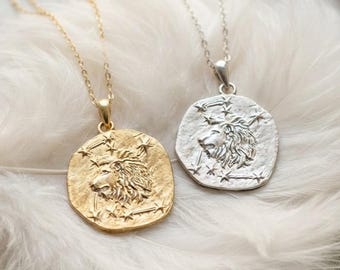 Sterling Silver Leo Zodiac Necklace: Embossed Coin Pendant