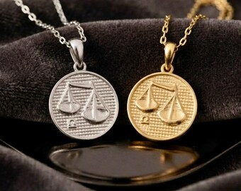 Libra Zodiac Necklace: 925 Sterling Silver, Double-Sided Coin Charm