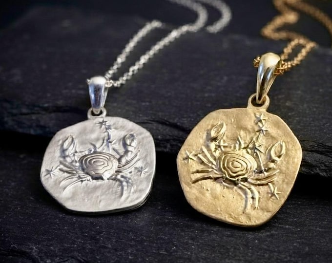 Sterling Silver Cancer Zodiac Necklace: Embossed Coin Pendant