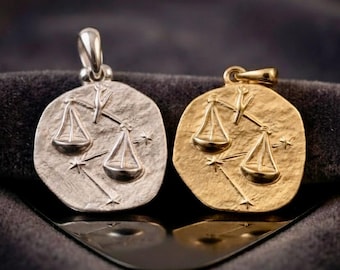 Sterling Silver Libra Necklace: Embossed Coin Pendant