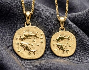 14K Gold Pisces Zodiac Necklace: Handmade Coin Pendant - Duties & taxes prepaid for US