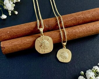 14K Solid Gold Leo Zodiac Pendant Necklace: Lion Astrology Charm, Rustic Coin Finish