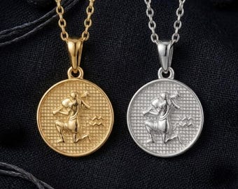 Aquarius Zodiac Necklace: 925 Sterling Silver, Double-Sided Coin Charm