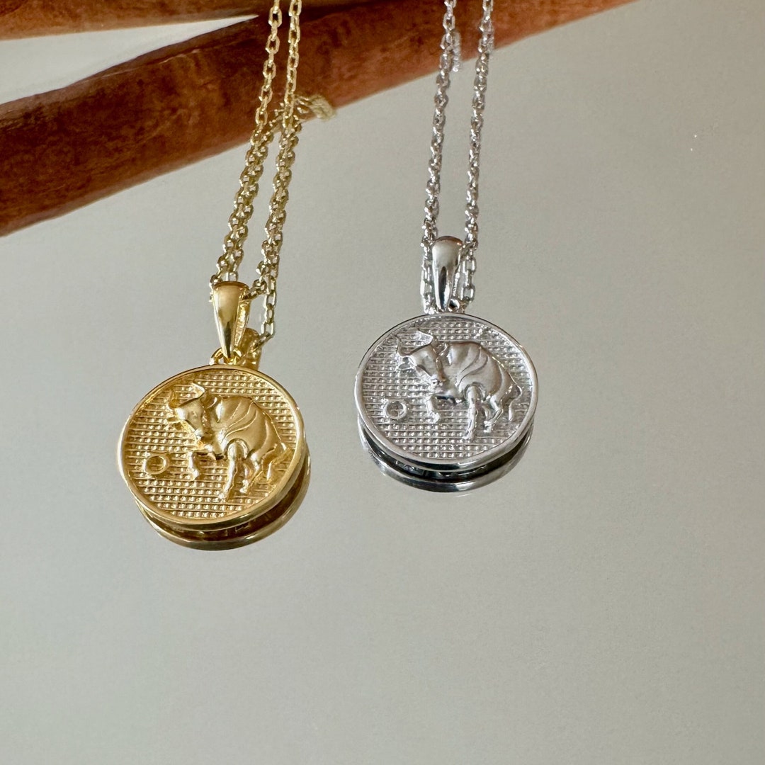 Doublesided Sterling Silver Taurus Necklace, Gold Taurus Pendant