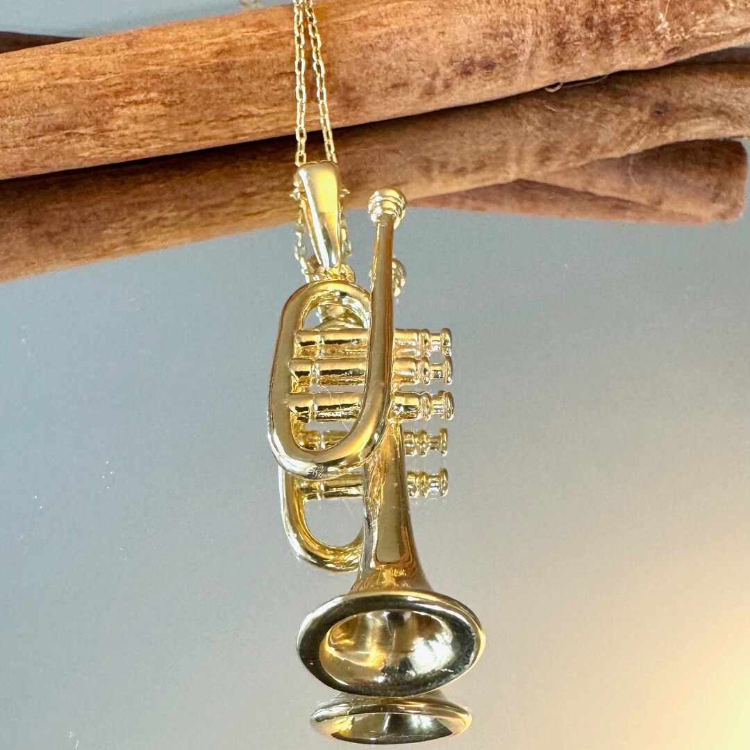 Sterling Silver Trumpet Necklace, Trumpet Pendant, Musical Instrument