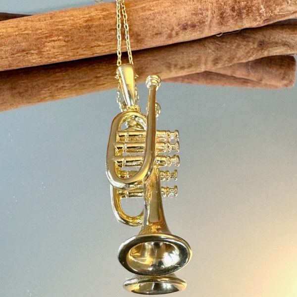 Sterling Silver Trumpet Necklace, Trumpet Pendant, Musical Instrument Necklace, Music Lover Birthday Gift, Music Charm, Gold Trumpet Charm