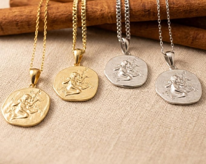 Sterling Silver Virgo Necklace: Embossed Coin Pendant