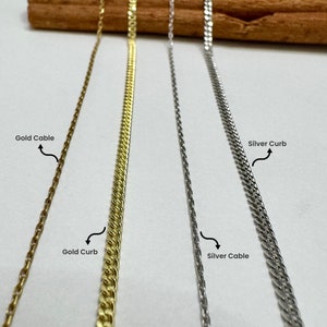 Curb and cable chain types are shown in silver and gold colors.