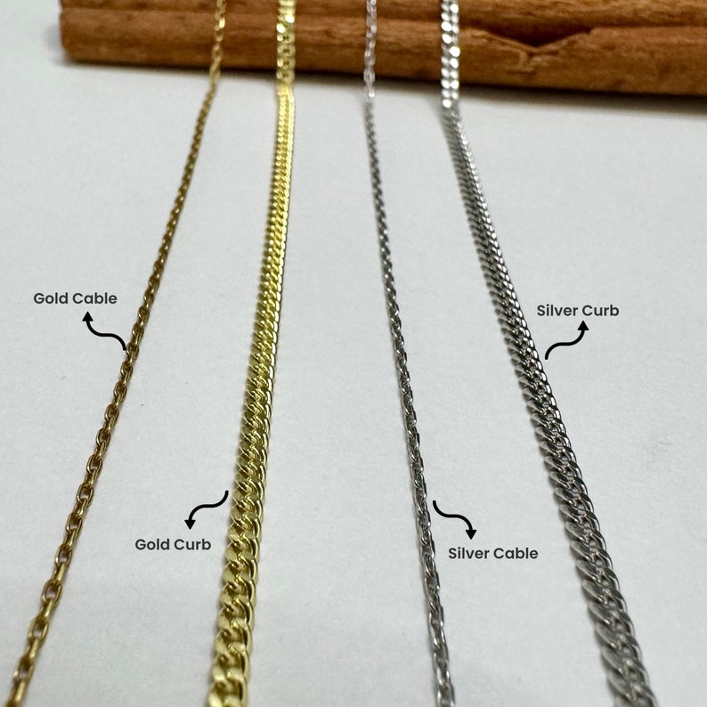 Curb and cable chain types are shown in silver and gold colors.