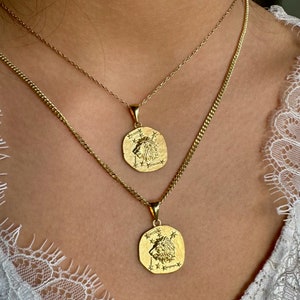 14K Solid Gold Leo Necklace, 14K Gold Leo Pendant, Gold Zodiac Sign Pendant, Coin Leo Necklace, Leo Birthday Gift