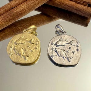 Puede incluir: Dos collares con colgantes, uno dorado y otro plateado, cada uno con un dise&ntilde;o de dos peces y estrellas. Los colgantes son circulares con una superficie texturizada. Palitos de canela en el fondo.