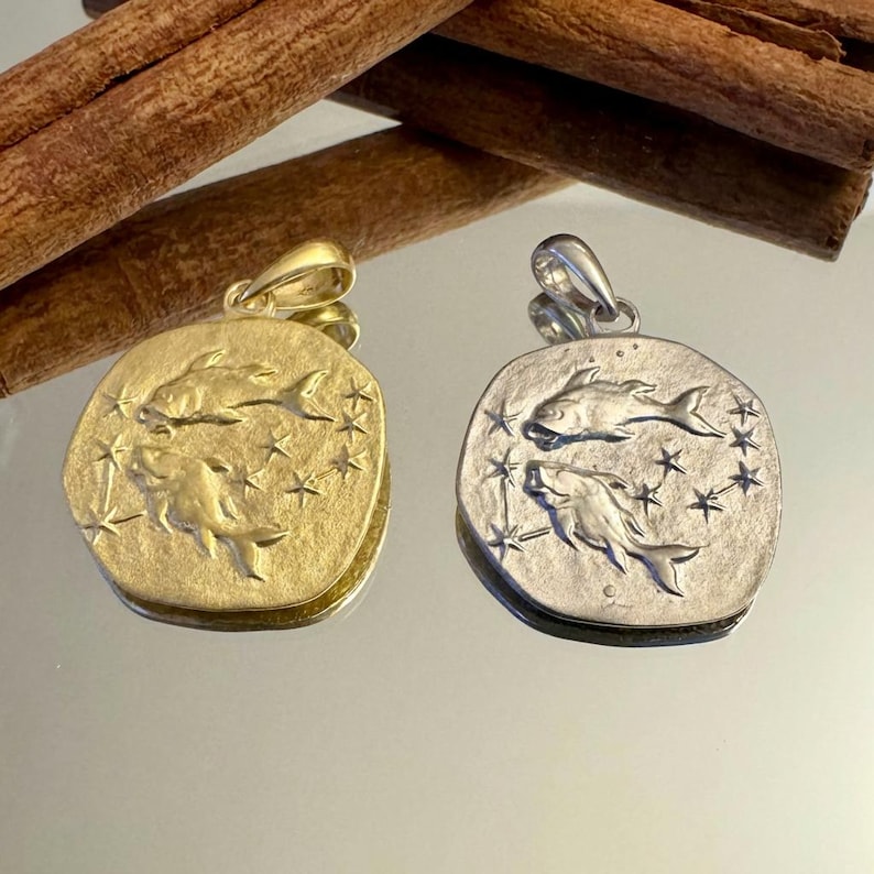 Puede incluir: Dos collares con colgantes, uno dorado y otro plateado, cada uno con un dise&ntilde;o de dos peces y estrellas. Los colgantes son circulares con una superficie texturizada. Palitos de canela en el fondo.