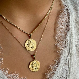 14K Solid Gold Libra Necklace, 14K Gold Libra Pendant, Gold Zodiac Sign Pendant, Coin Libra Necklace, Libra Birthday Gift
