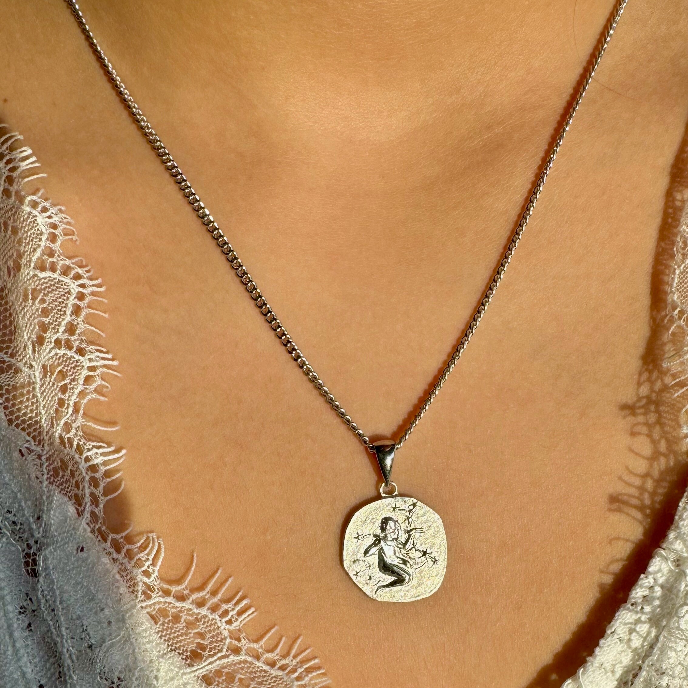 Sterling Silver Virgo Necklace: Embossed Zodiac Sign Pendant - Etsy