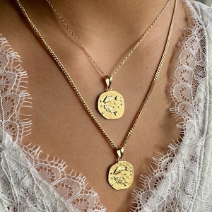 Pisces pendant in the shape of a coin hanging around the neck. Golden color.