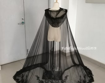 Black Flowers Wedding Cape Veil, Flower Lace Cape Veil with Hood, Black Hooded Cape Veil, Bridal Cape Veil, Custom Tulle Color, Bridal Cloak