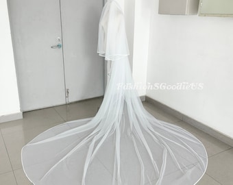Simple Plain Tulle Cathedral Length Bridal Veil, Satin Trim Edge Wedding Veil, Two Layers Veil for Brides, Custom Color Veil with Blusher