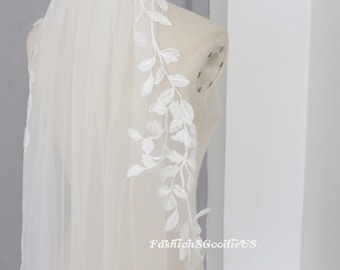 Bohemia Leaf Wedding Veil, Leaf Applique Wedding Veil, Simple Lace Bridal Veil,  Bridal Veil, Elegant Leaf Cathedral Veil, Custom Length