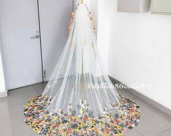 Colorful Floral Veil for Bride, Secret Garden Wedding Veil, Wildflower Wedding Veil, Flowers Lace Trim Bridal Veil, Unique Bridal Veil