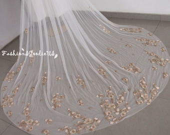 Elegant Gold Lace Wedding Veil, Flower Bridal Veil, Boho One Layer Wedding Veil, Custom Tulle Color Wedding Veil, Gold Flowery Veil